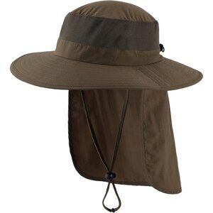 Unisex Olive Brown 100% Polyester Wide Brim Mesh Vent With Neck Flap Fishing Hat